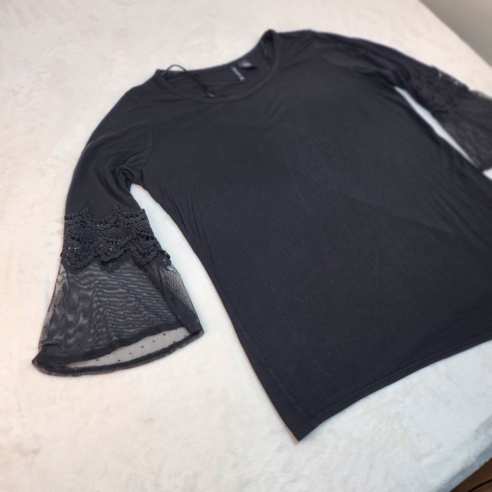 Whimsigoth Witchcore Shirt XL Black Bell Sleeve Lace Sheer Tunic Grunge Gothic